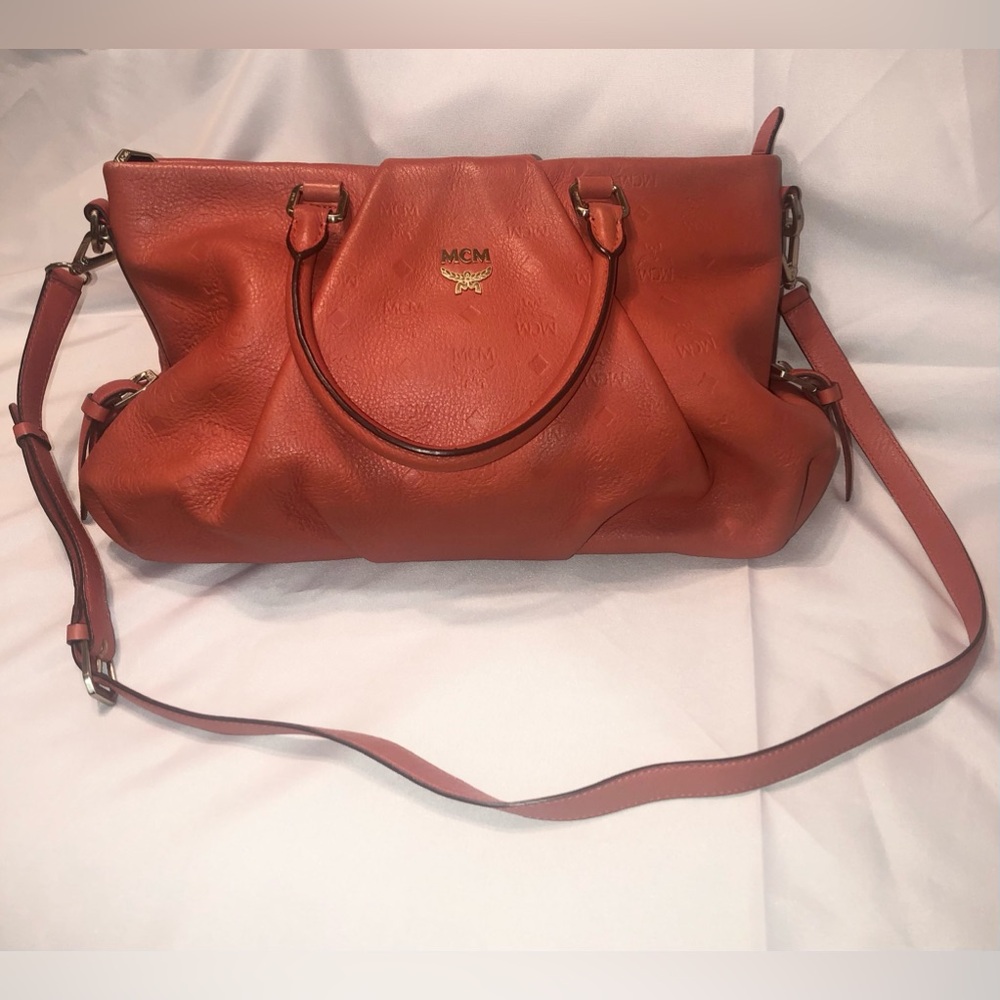 MCM Orange Leather Shoulder Bag with Gold Logo Hardware